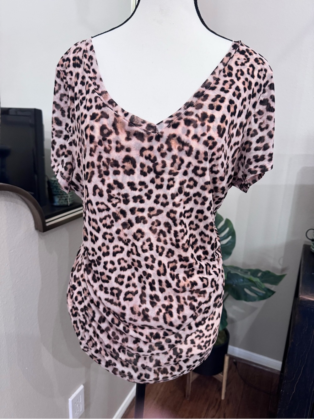 INC Leopard Print Double Layer Mesh Ruched Top XL